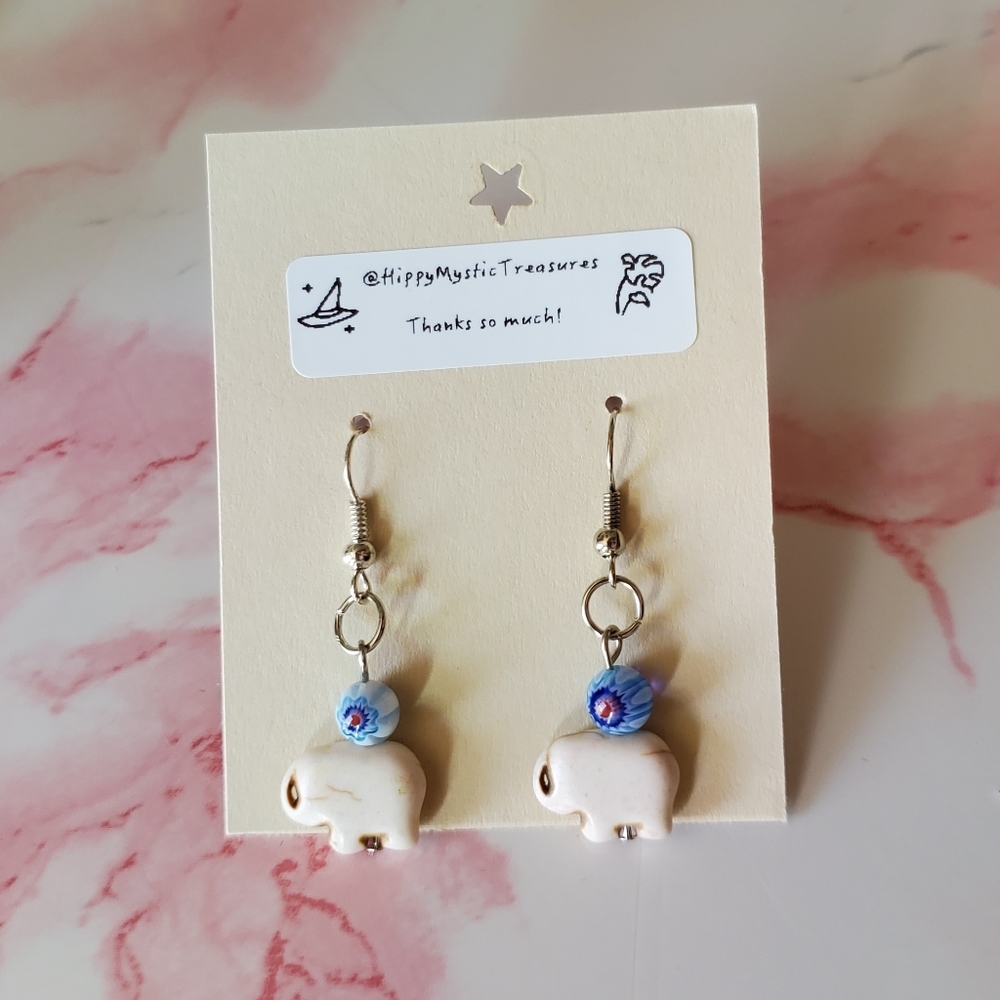 White Beaded Elephant Drop Earrings